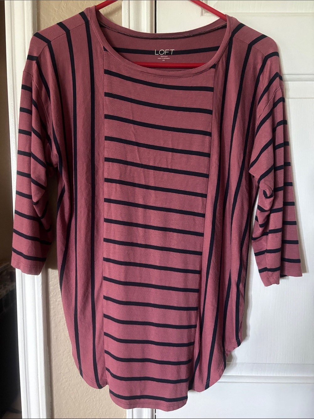 LOFT Rosewood and Navy Striped Scoop Neck Long Sleeve Top